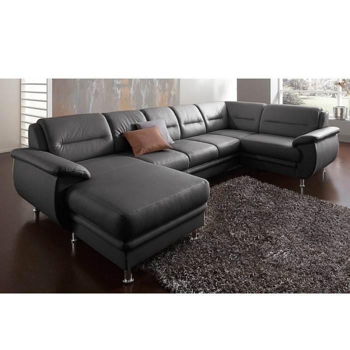 MAILAND schwarzes Ledersofa in U-Form